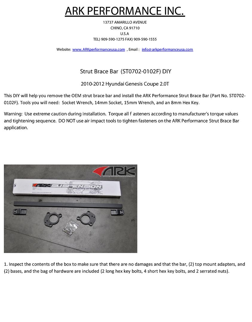 20102012 Genesis Coupe 2.0T ARK Performance Strut Brace Bar DIY